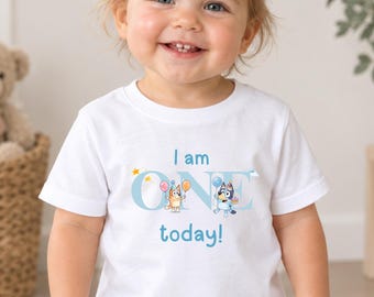 1st Birthday T-Shirt | I Am One Today Birthday Shirt | Blue Dog Birthday Top | Boys Girls First Birthday Tee | 1st Birthday Outfit