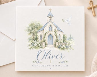 Personalised Christening Card for Boy, Blue Church Christening Card, Personalised Baptism Card, Godson Grandson Nephew Christening Card