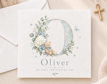 Personalised Christening Card for Boy, Initial Teddy Bear Card, Blue Floral Baptism Card, Godson Grandson Nephew Christening Card
