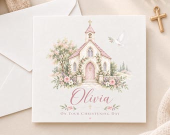 Personalised Christening Card for Girl, Pink Church Christening Card, Personalised Baptism Card, Goddaughter Granddaughter Niece Card