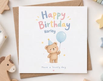 Personalised Children’s Birthday Card | 5x5 Kids Birthday Card | Cute Bear Balloon Card | Custom Name Birthday Card | Recycled 250gsm