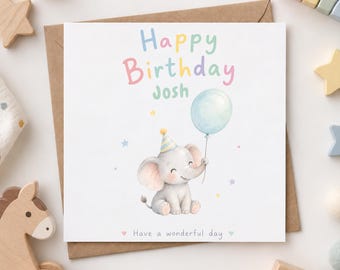 Personalised Elephant Birthday Card | Kids Birthday Card | Custom Name Card | Cute 5x5 Children’s Birthday Card | Recycled 250gsm