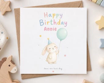 Personalised Children’s Birthday Card | Cute Bunny Birthday Card | Custom Name Card | 5x5 Kids Birthday Card | Recycled 250gsm