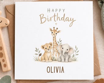 Personalised Safari Birthday Card for Kids, Minimalist Jungle Animal Card, Lion Giraffe Elephant Birthday Card, Custom Name Card