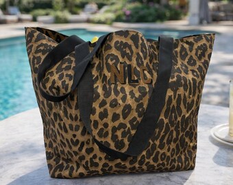 Bolso tote personalizado con estampado de leopardo: bolso de playa de viaje con monograma