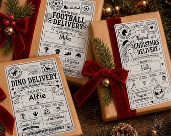 Personalised Christmas Gift Labels 6x4 Inch, North Pole Delivery Stickers, Santa Parcel Labels, Kids Christmas Gift Tags