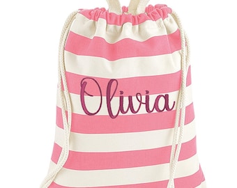 Personalised Striped Drawstring Bag, Embroidered Nautical Sack