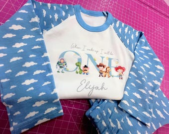 When I wake up I’ll be one,two,three,four,five, cowboy, space ranger pjs, cowgirl