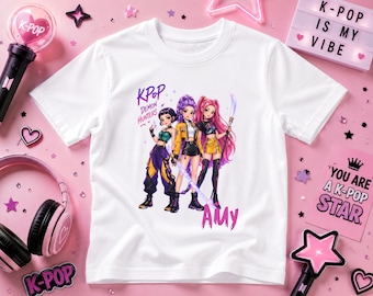 Personalised KPop Demon Hunters T Shirt, Kids KPop Birthday Shirt, Custom Name K Pop Girls Tee, KPop Demon Hunters Gift