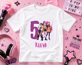Personalised KPop Demon Hunters T Shirt, Kids KPop Birthday Shirt, Custom Name K Pop Girls Tee, KPop Demon Hunters Gift