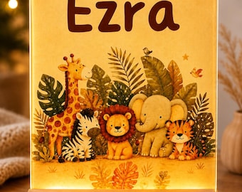 Personalised Safari Night LED Light, Jungle Animal Nursery Lamp with Custom Name
