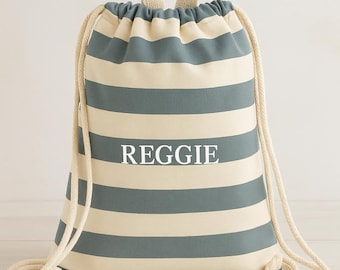 Personalised Striped Drawstring Bag – Embroidered Name Gym Kit, Kids PE Beach Bag, Nursery or School Backpack