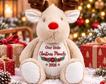 Personalised Our Little Christmas Miracle Reindeer Teddy 46cm | Baby First Christmas Gift | Embroidered Christmas Keepsake