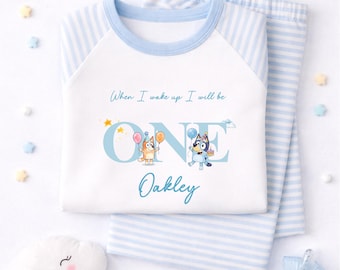 Personalised Blue Dog Pyjamas, When I wake up I will be one, two, three