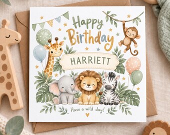 Personalised Safari Birthday Card for Kids, Jungle Animal Birthday Card, Giraffe Lion Elephant Monkey Card, Custom Name Birthday Card