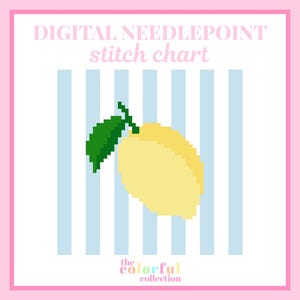May include: A digital needlepoint stitch chart featuring a pixelated yellow lemon with a green leaf centered over vertical light blue stripes. The text reads DIGITAL NEEDLEPOINT stitch chart and the colorful collection at the bottom on a white background.