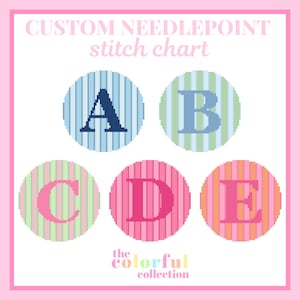 Op de afbeelding: Een aangepast naaldpuntsteekdiagram met vijf cirkelvormige patronen met verticale strepen in blauw, groen, roze en oranje. De letters A, B, C, D en E zijn in elke cirkel gecentreerd. De tekst CUSTOM NEEDLEPOINT stitch chart en the colorful collection zijn zichtbaar.