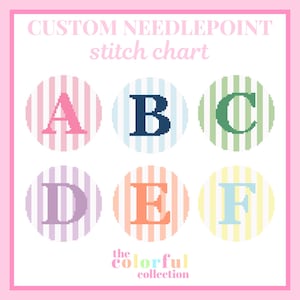 Op de afbeelding: Een aangepast borduurpatroon met zes cirkelvormige ontwerpen met verticale strepen in roze, blauw, groen, paars, oranje en geel. Elke cirkel bevat een grote letter van A tot F. De tekst luidt CUSTOM NEEDLEPOINT stitch chart en the colorful collection.