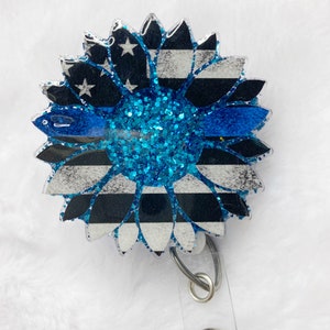 Sunflower Badge Reel, Law Enforcement Badge Reel, Police Officer Wife, ID holder, Blue, Flag