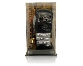 Teófimo 'THE TAKEOVER' López Hand Signed Black/Silver Glove In Acrylic Display Case