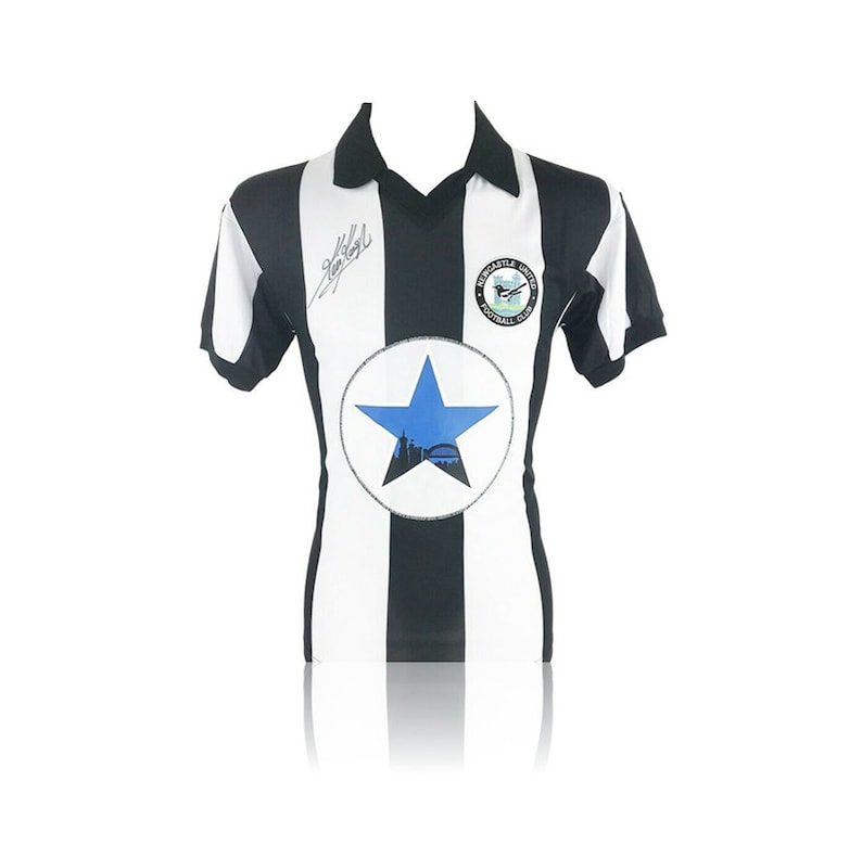 May include: A black and white striped soccer jersey with a blue star and the Newcastle United Football Club logo. The jersey is signed "Gazza".