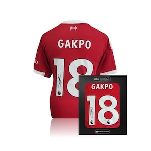 May include: Red soccer jersey with the name "GAKPO" and the number "18" in white. The jersey has a signature on the number. A framed print of the jersey is also displayed.