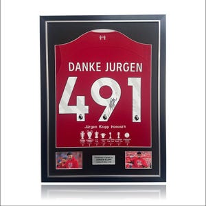 Jurgen Klopp Limited Edition Hand Signed 23-24 Liverpool DANKE JURGEN &#39;491&#39; Home Shirt with EMBROIDERD Honours in Deluxe Classic Frame