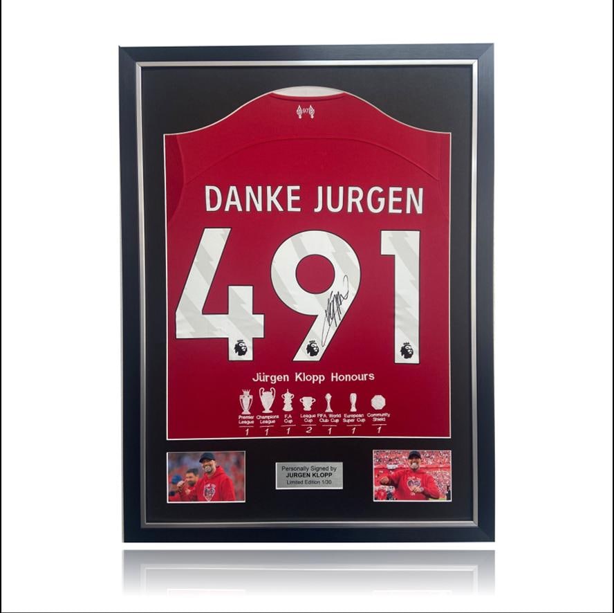 Jurgen Klopp Limited Edition Hand Signed 23-24 Liverpool DANKE JURGEN '491' Home Shirt with EMBROIDERD Honours in Deluxe Classic Frame