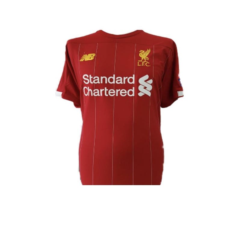 May include: Red football shirt with white and gold accents. The shirt has the New Balance logo, the Liverpool FC crest, and the Standard Chartered logo.