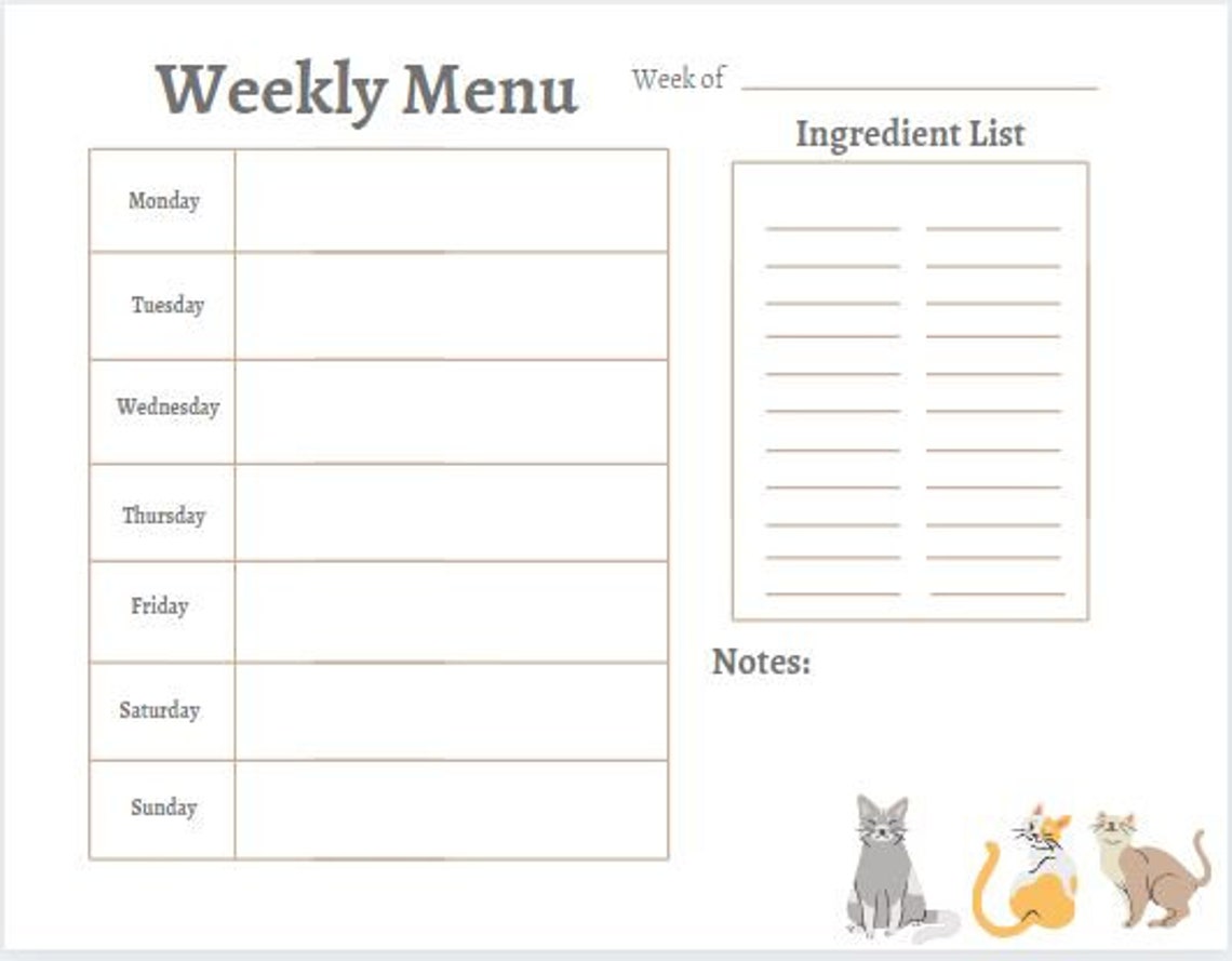 Cats Printable Meal Planning Weekly Menu Shopping List Recipe Etsy