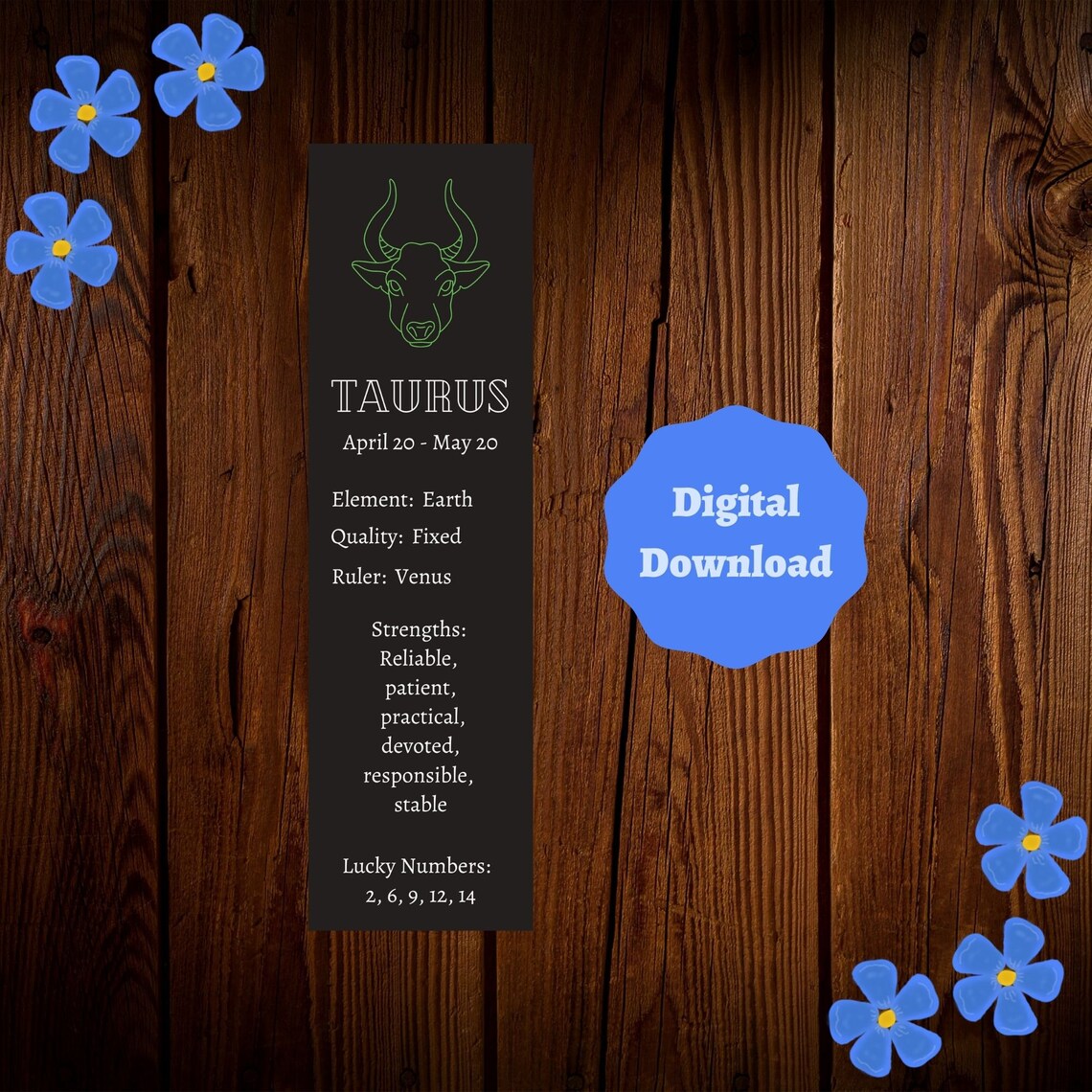 taurus zodiac printable digital download 2x7 bookmark etsy