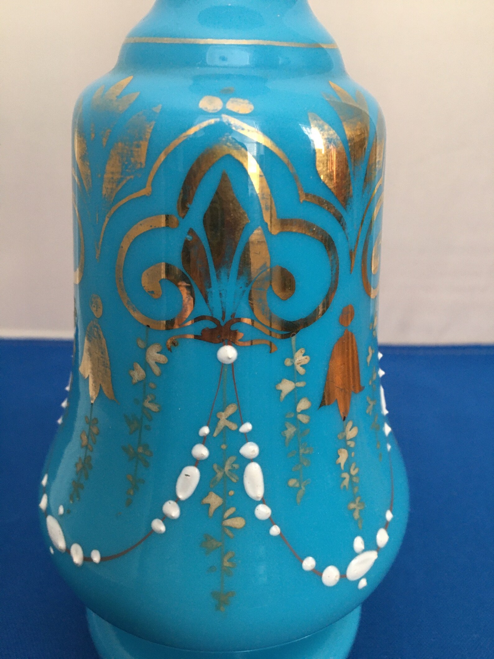 Vintage Blue Hand Blown Glass Vase Decorated with Gold and Etsy