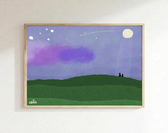 Verträumter Nachthimmel Print, Lila Wolke Wolkenlandschaft, Mond Kunst (digitaler Download)