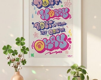 Graffiti Kunst Druck, Retro Bubble Smile Zitat, Pastell positive Wandkunst (Digitaler Download)