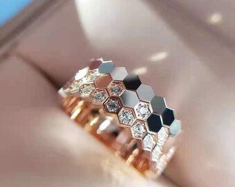 Wedding Ring Bride Ring 18k Gold Plated Honeycomb Ring,Beehive Stacking Rings,Sterling Silver Hexagon Ring Perfect Gift Jewelry
