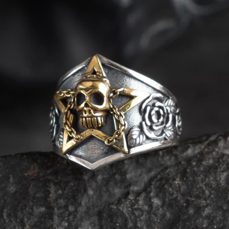 Skull Pentacle Ring Sterling Silver Pentacle Ring-Totem Ring-Pentacle Jewelry-Wiccan Ring-Devil Ring-Silver Pagan Star Ring-Satanism Ring