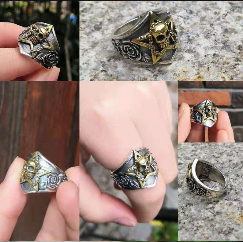 Skull Pentacle Ring Sterling Silver Pentacle Ring-Totem Ring-Pentacle Jewelry-Wiccan Ring-Devil Ring-Silver Pagan Star Ring-Satanism Ring