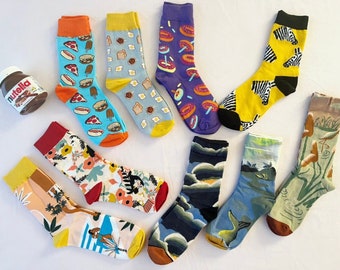 Art socks, Happy art socks, cotton socks, men socks, women socks, casual socks, unique socks, burger, doughnuts, zebra, beach, eggs