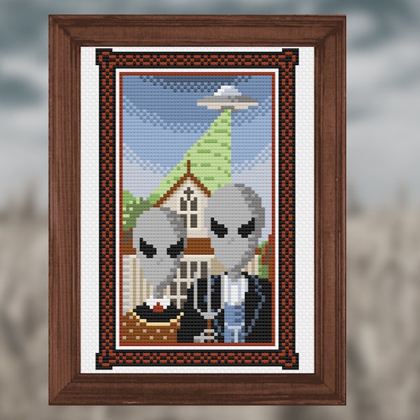 American Gothic x Aliens Counted Cross Stitch Pattern