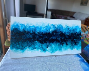 Alcohol inkt schilderij op canvas 35x70cm 14x28 " Winter Oceaan golven zee