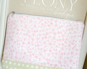 Bolsa para projeto de tricô feita à mão, floral rosa, bolsa de viagem com bolinhas.