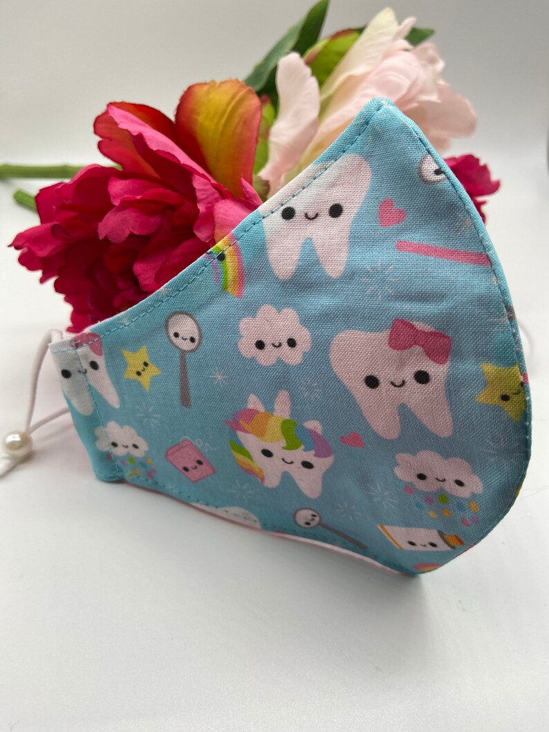 Custom Hand Made Tooth Masks in Cute Dental Prints-Cute Office Gift Ideas for Dental Hygienists, Assistants, Dentists & Front Office Light Blue