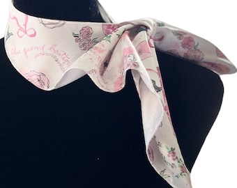 Versatile Elegant & Chic Satin French Scarf in White and Pink-Artist Designed Print-One of a Kind