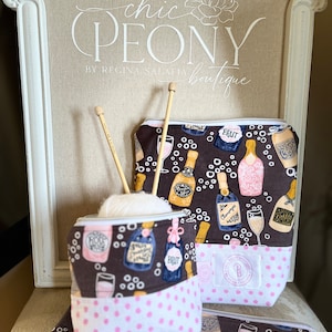 Handmade Champagne Print Yarn Bowl, Knitting Project Bag, Travel Gift