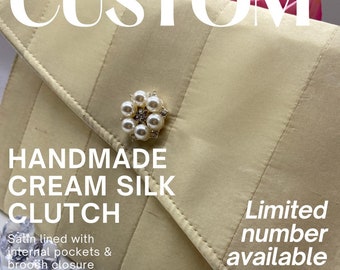 Handmade Elegant Cream Silk and Satin Clutch Bag Purse Evening Bag with Beautiful Brooch Closure and Pockets