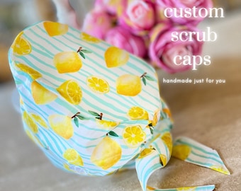 Custom Quality Handmade Lemon Scrub Cap/Surgical Cap; High End Details Such as French Seams and Buttons-Dental/Healthcare/Nurse/Doctor Gift