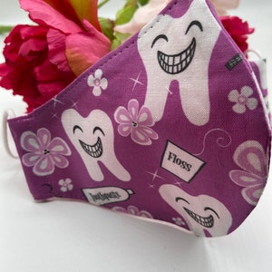 Custom Hand Made Tooth Masks in Cute Dental Prints-Cute Office Gift Ideas for Dental Hygienists, Assistants, Dentists & Front Office Purple