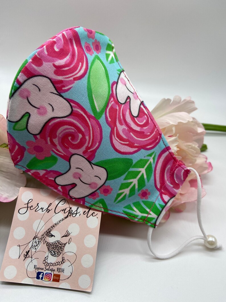 Custom Hand Made Tooth Masks in Cute Dental Prints-Cute Office Gift Ideas for Dental Hygienists, Assistants, Dentists & Front Office Pink Rose/Green Leaf