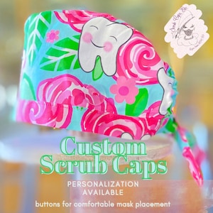 Customizable Cute Dental Themed Surgical/Scrub Caps to Protect Your Hair, Includes Buttons For Mask Attachment-Can Make Larger for Long Hair