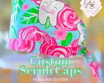 Custom Dental Print Scrub Cap with Buttons | Handmade Surgical Hat for Hygienists